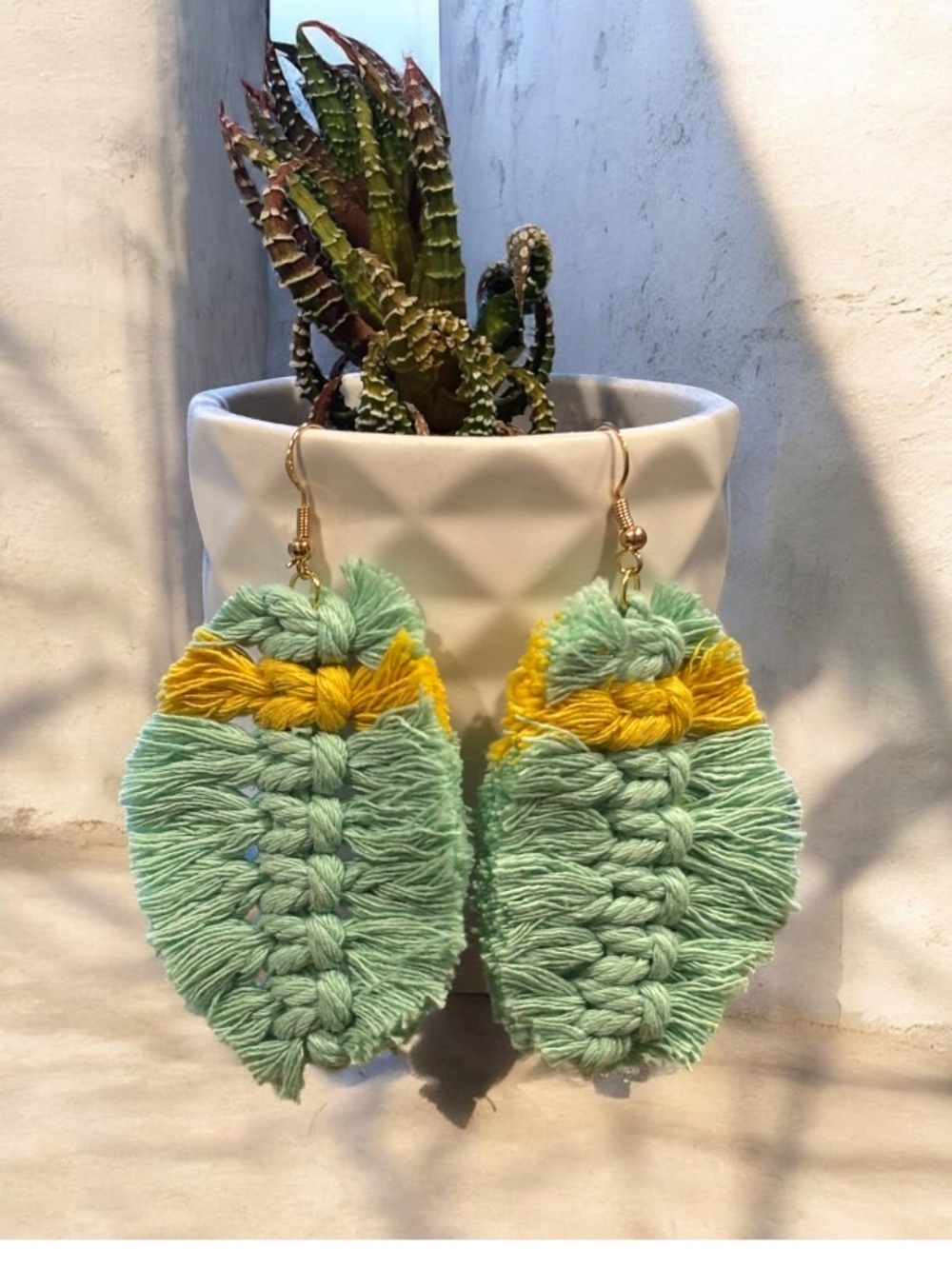 Handmade Mint & Yellow Macrame Leaf Earrings